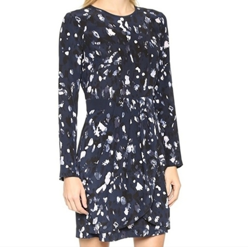Club Monaco Paget Navy Blue Abstract Print Silk Long Sleeve Mini Dress